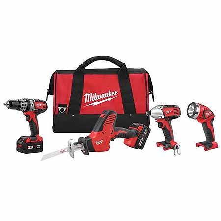 MILW 2695-24 M18 18VOLT XC 4-TOOL COMBO KIT WITH 1/2" HAMMER DRILL (2607-20) 1/4" HEX IMPACT DRIVER (2656-20) HACKZALL RECIP SAW (2625-20) WORKLIGHT (2735-20) WITH MULTI-VOLTAGE CHARGER (48-59-1812), 2 XC BATTERIES (48-11-1828), (1) THIN KERF BLADE AND CONTRACTOR BAG