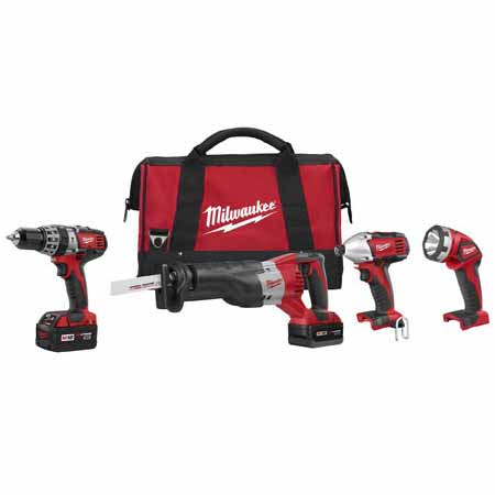 MILW 2696-24 M18 XC 4-TOOL COMBO KIT WITH 1/2IN HAMMER DRILL (2607-20), SAWZALL (2621-20), 1/4IN HEX IMPACT DRIVER (2656-20), WORKLIGHT (2735-20), MULTI-VOLTAGE CHARGER (48-59-1812), (2) XCBATTERIES (48-11-1828), BLADE AND CONTRACTOR BAG